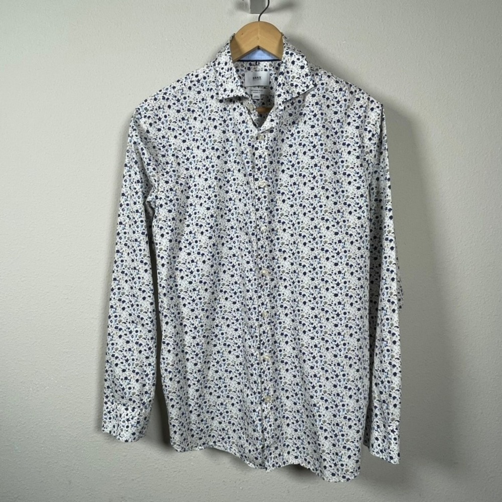 Brax Button Down Shirt Mens L White Blue Floral Cotton Natural Flex Preppy